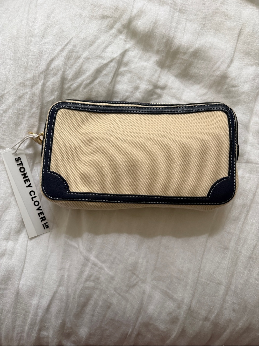Stoney Clover Lane Beige Canvas Cosmetic Case with Navy Trim and Mint Stripe - Picture 3 of 4